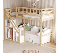 boorbin Cama de madera maciza 90 x 200, escalera con armario de almacenamiento, cuna, cama infantil, cama individual, marco de madera maciza, acabado alto, color madera (90 x 200 cm)