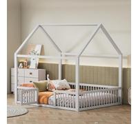 boorbin Cama de madera maciza, cama doble plana, cama de casa con puerta (blanco, 140 x 200 cm)