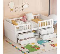 boorbin Cama de media altura, 90 x 200 cm, 4 cajones, barandilla, escalera, madera de pino, sin colchón, estilo minimalista (blanco)