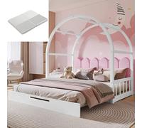 boorbin Cama de techo abovedada ampliable, cama deslizante, cama infantil, cama de día, cama doble, cojín de terciopelo, marco de madera de pino, 140 x 100 cm y 140 x 200 cm (con colchón) (blanco y