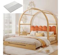boorbin Cama de techo abovedada ampliable, cama deslizante, cama infantil, cama de día, cama doble, cojín de terciopelo, marco de madera de pino, 140 x 100 cm y 140 x 200 cm (con colchón) (natural+