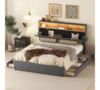 boorbin Cama doble, cama tapizada, espacio de almacenamiento, cabecero, cama con carga USB e iluminación LED, cama funcional con cuatro cajones, cabecero ajustable, 140 x 200 cm (gris, 200 x 140 x 111