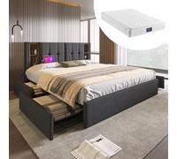 boorbin Cama doble con carga inalámbrica USB C y 4 cajones, cama tapizada, estructura de cama de 160 x 200 cm, somier de láminas de madera y lino (gris-con colchón)