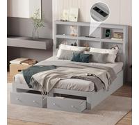 boorbin Cama doble, tablero de partículas, cama king con dos cajones a los pies de la cama, cabecero con espacio de almacenamiento (gris, 160 x 200 cm)