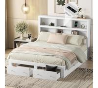 boorbin Cama doble, tablero de partículas, cama king con dos cajones a los pies de la cama, cabecero con espacio de almacenamiento (blanco, 160 x 200 cm)