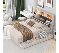 boorbin Cama doble tapizada, cabecero con carga USB e iluminación LED, cama funcional con dos cajones, cabecero ajustable, 140 x 200 cm (beis, 208,5 x 140 x 105 cm)