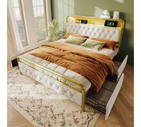 boorbin Cama doble tapizada con carga USB tipo C, función de carga por APP-Control LED, estructura de cama de metal de 160 × 200 cm y 4 cajones, terciopelo (blanco sin colchón)