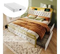 boorbin Cama doble tapizada con carga USB tipo C, función de carga por APP-Control LED, estructura de cama de metal de 140 × 200 cm y 4 cajones, terciopelo (blanco con colchón)