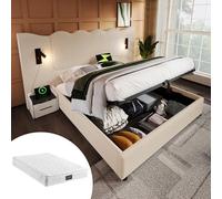 boorbin Cama doble tapizada con lámpara de lectura y función de carga USB Type-C, estructura de cama con somier de láminas de madera maciza y metal, tela de pana (beige-blanco-con colchón, 160 x 200