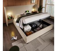 boorbin Cama doble tapizada con mesita de noche, lámpara de lectura y función de carga USB Type-C, estructura de cama con somier de madera maciza y metal (beige-sin colchón, 180 x 200 cm)