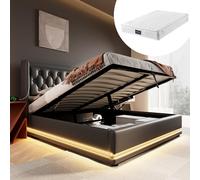 boorbin Cama doble tapizada, material de algodón beige, cama de almacenamiento hidráulico, cabecero acolchado con función de carga USB tipo C, función LED de 3 lados (con colchón) (negro)