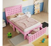 boorbin Cama individual de madera 90 x 190 cm, cuna juvenil con diseño creativo de bloques, estructura de madera maciza con somier, con cajones y espacio de almacenamiento debajo de la cama, sin