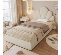 boorbin Cama individual tapizada, cabecero con pétalos curvos, sencillo, elegante y cómodo, marco de cama moderno, terciopelo, beige (90 x 200 cm)