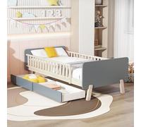 boorbin Cama infantil 90 x 190 con 2 cajones, cama individual de madera maciza con somier (gris)