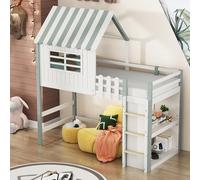 boorbin Cama infantil alta y baja para niños y niñas, forma de tejado con escalera de seguridad, cama multifunción de madera maciza con somier, 90 x 200 cm (verde)