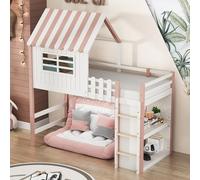 boorbin Cama infantil alta y baja para niños y niñas, forma de tejado con escalera de seguridad, cama multifunción de madera maciza con somier, 90 x 200 cm (rosa)
