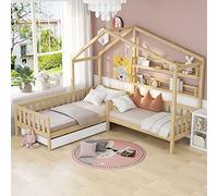 boorbin Cama infantil con cajones y estantes, madera maciza con valla y somier, estructura en L, natural (90 x 200 cm+140 x 70 cm)