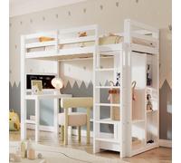 boorbin Cama infantil con escritorio, armario abierto y estanterías, cama infantil con somier y protección anticaídas, superficie individual (blanco, 90 x 200 cm) (206 x 109 x 184 cm)