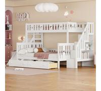 boorbin Cama infantil de 90 x 200/140 x 200 cm, litera de madera maciza con tobogán y estante con niveles de seguridad, dos cajones grandes y somier (blanco-2)