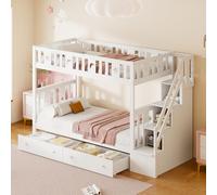boorbin Cama infantil de 90 x 200/90 x 200 cm, litera de madera maciza con escalera de seguridad, escalera de almacenamiento, dos cajones grandes y somier de láminas (blanco -1)