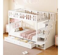 boorbin Cama infantil de 90 x 200/90 x 200 cm, litera de madera maciza con escalera de seguridad, escalera de almacenamiento, dos cajones grandes y somier de láminas (blanco -1)