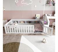 boorbin Cama infantil de 90 x 200 cm, con barra de techo y ventana, con compartimento de almacenamiento para almacenamiento, con rejilla de seguridad y puerta, protección de seguridad integral, cama