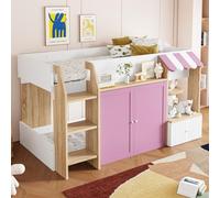 boorbin Cama infantil de 90 x 200 cm, con espacio de almacenamiento abierto, con escalera de escalada, cama alta para niños, de madera maciza, sin colchón (blanco+rosa+color madera)