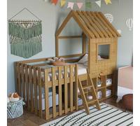 boorbin Cama infantil de 90 x 200 cm, con techo y ventana, con espacio de almacenamiento abierto, con escalera, litera de madera maciza, sin colchón (color madera)
