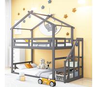 boorbin Cama infantil de 90 x 200 cm, litera baja con escalera de seguridad, estructura de madera maciza con somier (gris)