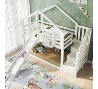 boorbin Cama infantil de 90 x 200 cm, litera para niños en construcción de ventana con tobogán y protección anticaídas, color blanco, incluye pizarra, 2 somieres (sin colchón)
