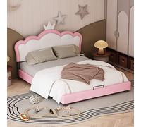 boorbin Cama infantil tapizada con somieres y respaldo, cama para niña con forma de corona, 140 x 200 cm (colchón no incluido) (rosa)