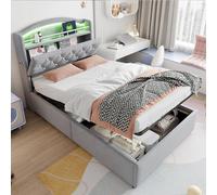 boorbin Cama infantil tapizada de terciopelo 90 x 200 cm, cama individual multifunción con espacio de almacenamiento con LED y USB (gris)