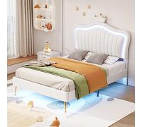 boorbin Cama infantil tapizada, marco de cama para niña, estructura de cama doble de piel sintética con luces LED, somier de láminas y respaldo, 90 x 200 cm (colchón no incluido) (blanco)