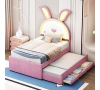 boorbin Cama infantil tapizada, tela de terciopelo, multifuncional, acolchado, sofá cama individual con cama extraíble, cajón de almacenamiento y luz LED que cambia de color, 90 x 200 cm (rosa)