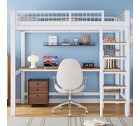 boorbin Cama litera con marco de hierro, con mesa y estantes, adecuada para niños y adolescentes, con escalera de cinco niveles, con rejilla anticaídas, hierro + MDF, 90 x 200 cm (blanco y natural