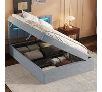 boorbin Cama plana, 90 x 200 cm, cama tapizada, luz ambiental en la cabecera de la cama, apertura por un lado, diseño minimalista, gran espacio de almacenamiento, cabecero ajustable, terciopelo (gris)