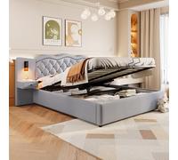 boorbin Cama plana, cama acolchada, cabecero integrado, mecanismo de elevación hidráulica, puerto USB, dos lámparas de noche, gran espacio de almacenamiento (gris, 180 x 200 cm)