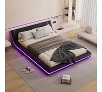 boorbin Cama plana, cama de suelo, PU, luz ambiental LED, mando a distancia de 24 botones (negro, 140 x 200 cm)