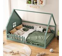 boorbin Cama plana, cama infantil, moldura, barandilla, madera de pino, 140 x 200 cm (verde)