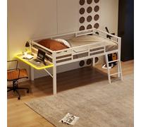 boorbin Cama plana, Cama Metal, Sin colchón, Barandilla, Escalera, Escritorio, Cinta LED Control Remoto (Blanco, 90 x 200 cm)