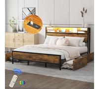 boorbin Cama plana con somier y cabecero, cama LED con puerto de carga USB, cama junior con 4 cajones, para adultos y jóvenes, función de almacenamiento, metal, marrón (180 x 200 cm)