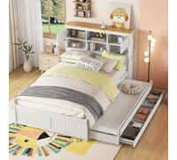 boorbin Cama plana con varios compartimentos de almacenamiento en la cabecera de la cama, equipada con cama abatible, tres cajones, color blanco (140 x 200 cm)