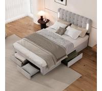 boorbin Cama plana de 140 x 200 cm, cama acolchada, iluminación a ambos lados de la cama, cuatro cajones al final de la cama, gran espacio de almacenamiento (gris)
