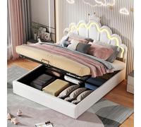 boorbin Cama plana de 140 x 200 cm, cama tapizada, cama de princesa, iluminación ambiental ajustable, tira de corona (blanco)