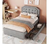boorbin Cama plana de 90 x 200 cm, cama acolchada, tapicería de mesita de noche con remaches decorativos, cajones dobles (gris)