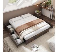 boorbin Cama plana de metal, 140 x 200 cm, cama de hierro, sin colchón, cuatro cajones, sin cabecero, marrón oscuro