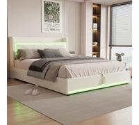 boorbin Cama plana, luz ambiental al final de la cama, aplicación ajustable, la cama se puede subir y bajar, puerto USB en la cabecera de la cama, gran espacio de almacenamiento (beis, 160 x 200 cm)