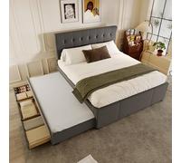 boorbin Cama tapizada, 140 x 200 cm, cama doble, cama familiar, cama matrimonial con tres cajones, cama extraíble, cabecero ajustable, sin colchón, gris