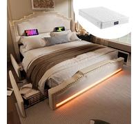 boorbin Cama tapizada 160 × 200, cama doble con 4 cajones, iluminación LED y puerto de carga USB-C, cama de almacenamiento y cama juvenil con somier, terciopelo, con colchón (beige)