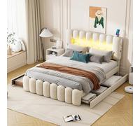boorbin Cama tapizada, 160 x 200 cm, sin colchón, cama tapizada con 4 cajones, cama tapizada con barra de luz LED con USB y sistema estéreo, terciopelo (beige)